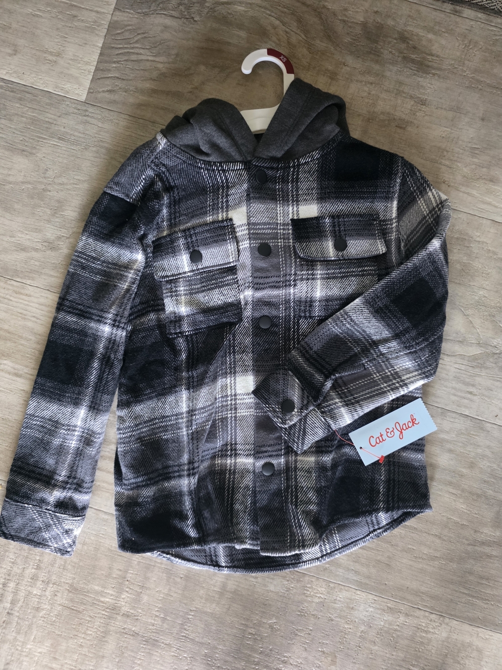 Cat & Jack Black & Gray Plaid Hooded Shirt Jacket